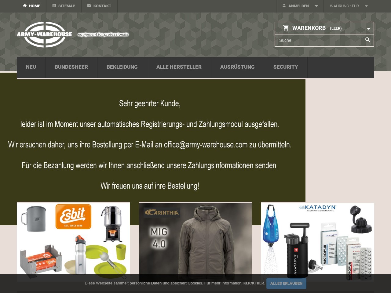 Army-Warehouse GmbH - Shop Wolfern — Website Preview