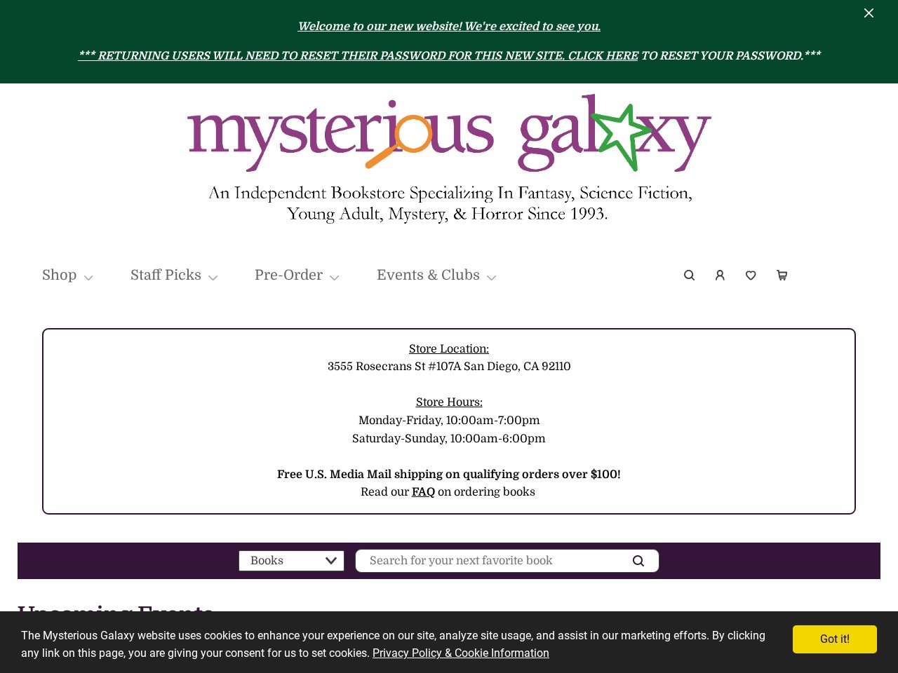 Mysterious Galaxy Bookstore — Website Preview